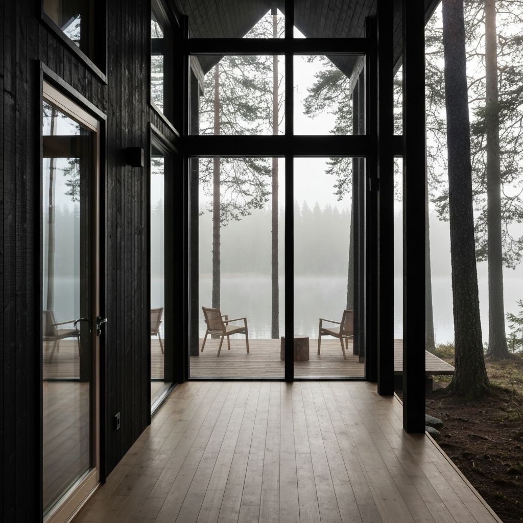 Black scandinavian lakeside cabin